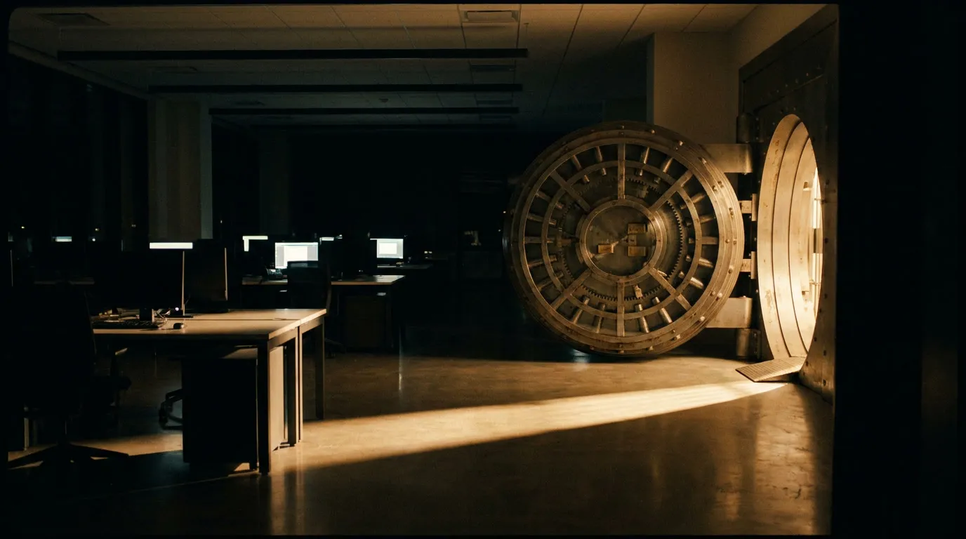 A heavy steel vault door left slightly open in a dark office at night, with warm light spilling across the floor.